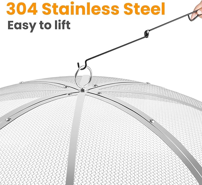 Stainless Steel Fire Pit Spark Screen 22 Inch Round, Heavy Duty Outdoor Fire Pit Screen Cover with Foldable Hook & Marshmallow Sticks, Mesh Spark Protector for Backyard, Camping, Beach