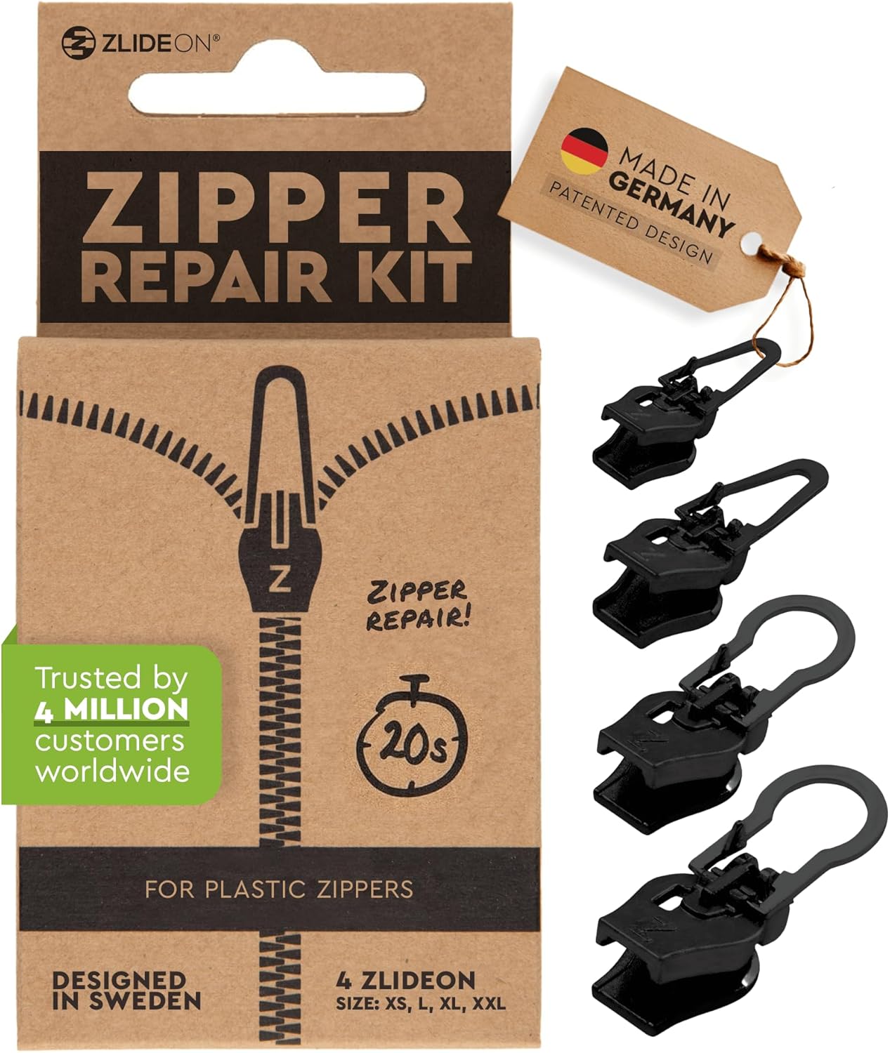 ZlideOn Zipper Pull Replacement - Black, Multipack (4 Pieces) - Instant Zipper Replacement Slider for Plastic Zippers