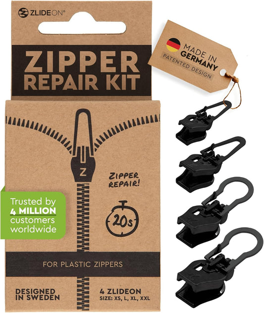 ZlideOn Zipper Pull Replacement - Black, Multipack (4 Pieces) - Instant Zipper Replacement Slider for Plastic Zippers