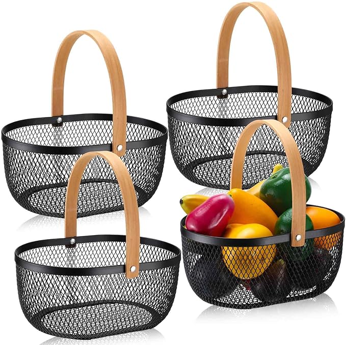 Maxcheck 4 Pcs Oval Metal Wire Storage Basket with Handle for Gathering Vegetables Multi Functional Mesh Basket for Kitchen Bathroom Picnic Home, 10.24 x 7.68 Inch(Black)