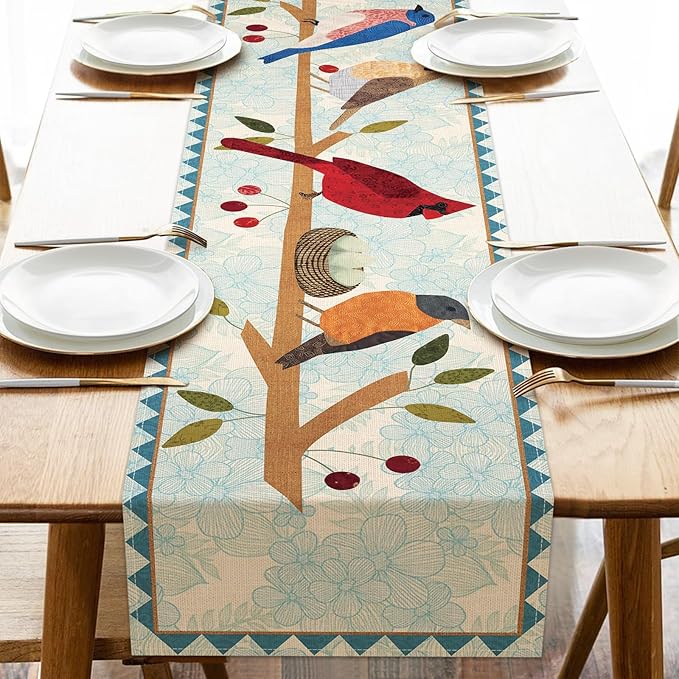 Seliem Spring Summer Birds Blue Table Runner, Cardinal Chickadee Bluebird Branch Red Berry Kitchen Dining Table Decor, Flower Nest Egg Burlap Home Decoration Indoor Outdoor Party Supply 13 x 36 Inches