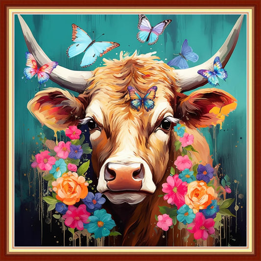 Disxvivy Cross Stitch Stamped Full Embroidery Kits DIY 11CT Cotton Thread Printed DIY Needlepoint Kits Craft Needlework Set Cross-Stitch Stamped Sets-Colored Cow Flower 18x18 inch