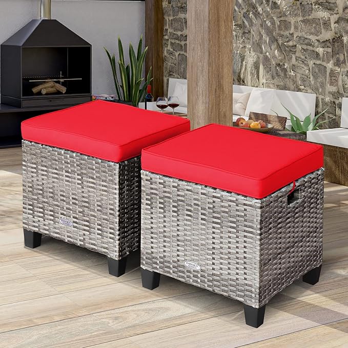 Tangkula 2 Pieces Patio Rattan Ottomans, Outdoor Wicker Footstool Footrest Seat with Soft Cushions and Steel Frame, All-Weather Patio Ottoman Set for Backyard Garden Poolside