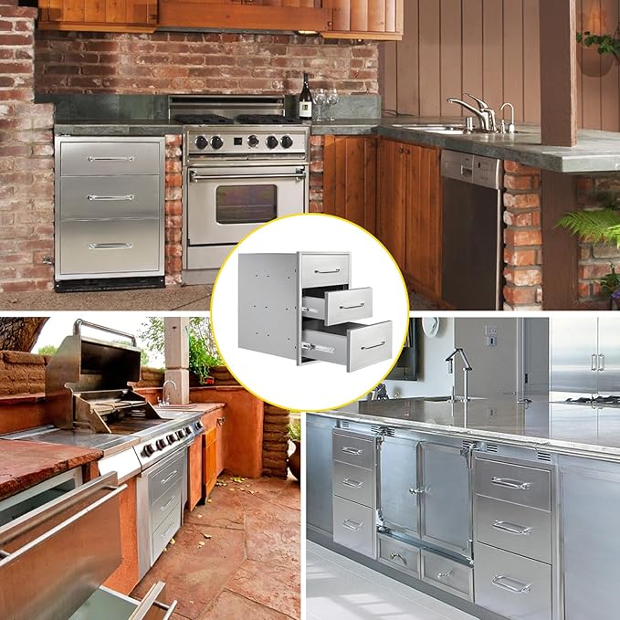 Outdoor Kitchen Drawers 14" W x 21"H x 21"D Stainless Steel Drawer Flush Mount Triple BBQ Drawers with Chrome Handle for Outdoor Kitchen Island, Patio Grill Station