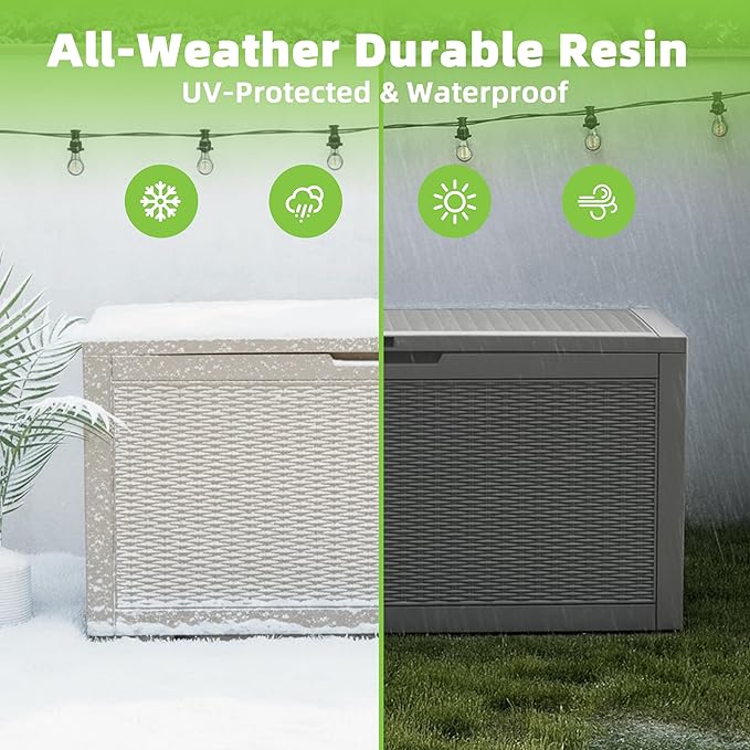 EasyUp 120 Gallon Outdoor Storage Box Waterproof, UV Resistant Resin Deck Box with Hydraulic Rod, Reinforced Stability for Patio, Garden, Rattan Gray