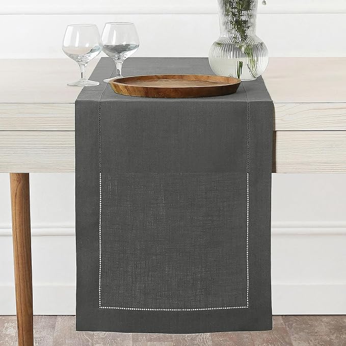 D'Moksha Homes Linen Charcoal Grey Table Runner 108 Inches Long - 100% Pure Linen 14 x 108 Inch Table Runner for Spring, Easter - Classic Hemstitch