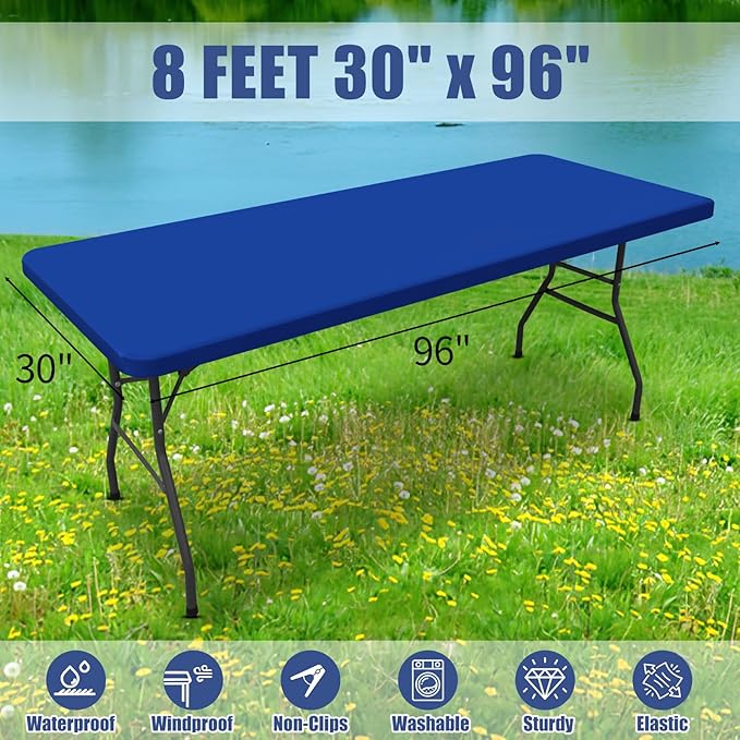 Spandex 8 Foot Rectangle Table Cloth 6 Pack, Elastic Fitted Tablecloths for Picnic, Stretch Washable Patio Table Cover for Outdoor, Camping, Banquet and Parties (Blue, 30"x96")