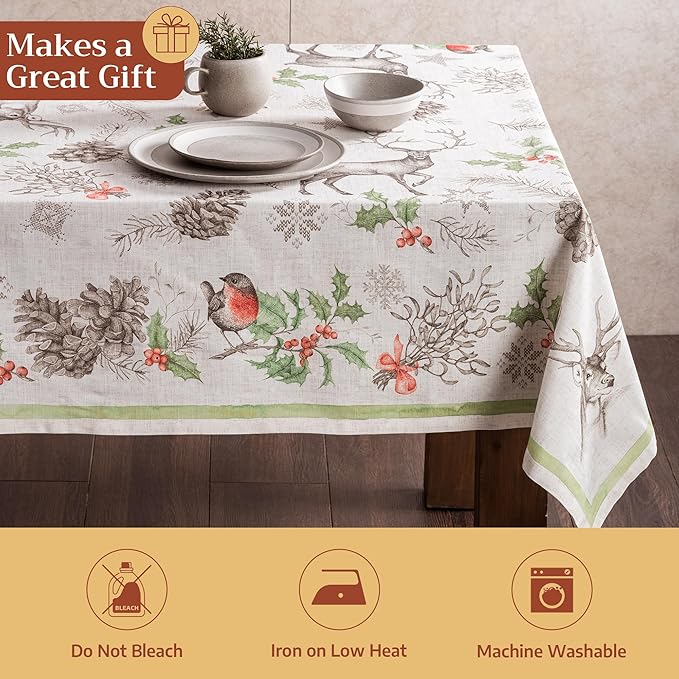 Maison d' Hermine Table Cloth Rectangle Table 100% Cotton 60 x 90 Inches Fall Tablecloth Reusable Everyday Use for Thanksgiving Christmas Decorations Dining Farmhouse Party (Christmas Dew)