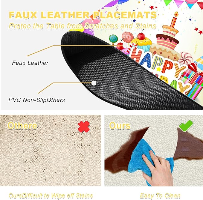 Birthday Placemats Set of 4 - Faux Leather Heat Resistant Placemats for Dinner Table, Non-Slip Waterproof Oil-Proof Washable Reusable Placemat for Indoor Outdoor Kitchen Decor, 15.75In*11.81In