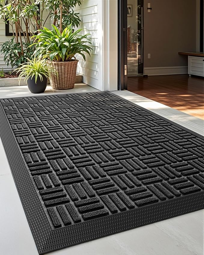 DEXI Front Door Mat Outside Entrance, 2x3 ft Rubber Entry Doormat Heavy Duty, Welcome Mats Non Slip for Inside House Floor Entryway Back Doors Exterior Patio, Maze Black