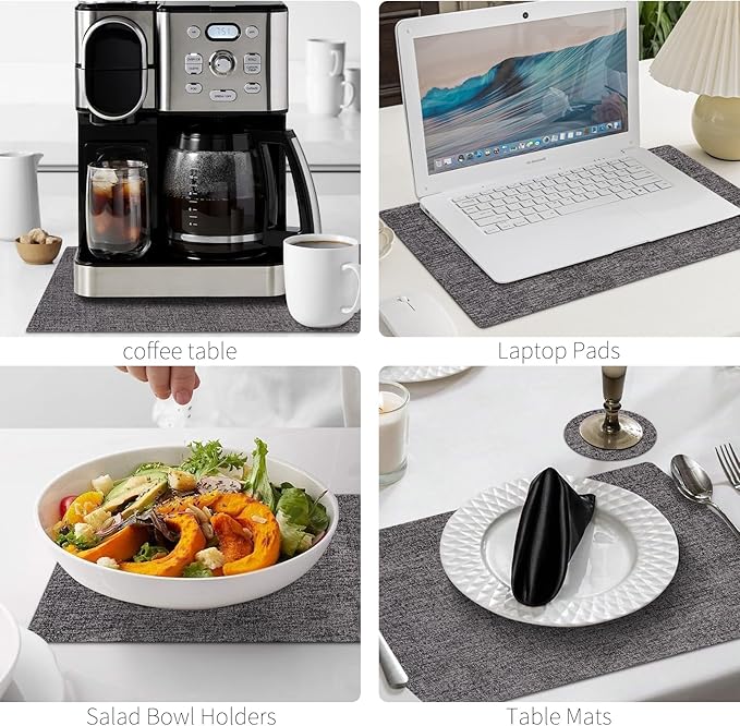 MOSAYT Placemats Set of 8, Heat Resistant Vinyl Place Mats with Coasters, Wipeable Washable Waterproof Oil Proof Faux Leather Table Mats for Kitchen Dining Party Outdoor, 12" x 17", Dark Light Grey