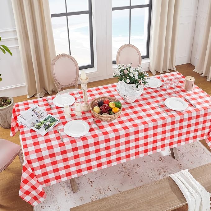 Softalker Gingham Checkered Tablecloth Rectangle - Outdoor Waterproof Buffalo Plaid Table Cloth, Stain Resistant Washable Table Cover for Picnic, Camping, Dining - Red and White, 54 x 78 Inch