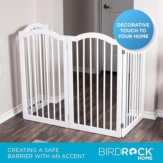 INTERNET'S BEST Arched Top Dog Gate | 4 Panel, 36" H Wooden Pet Barrier for Dogs or Cats | Freestanding Folding Room Divider for Doorways, Hallways, Stairs, and Porch | Portable, Extra Wide | White
