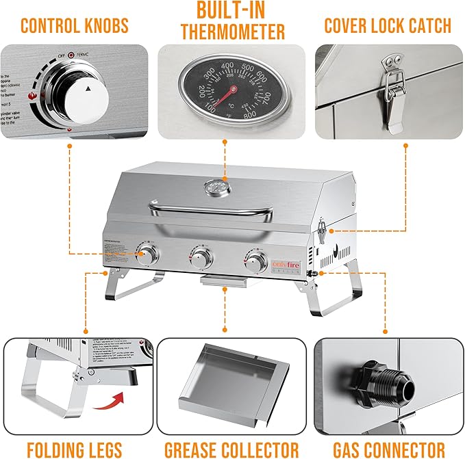 Tabletop Gas Grill 3 Burners, Portable Propane BBQ Grill with Foldable Legs for Outdoor Barbecue Patio Backyard Camping, Tailgating, RV Trip, Heavy Duty & 24000BTU, GS307