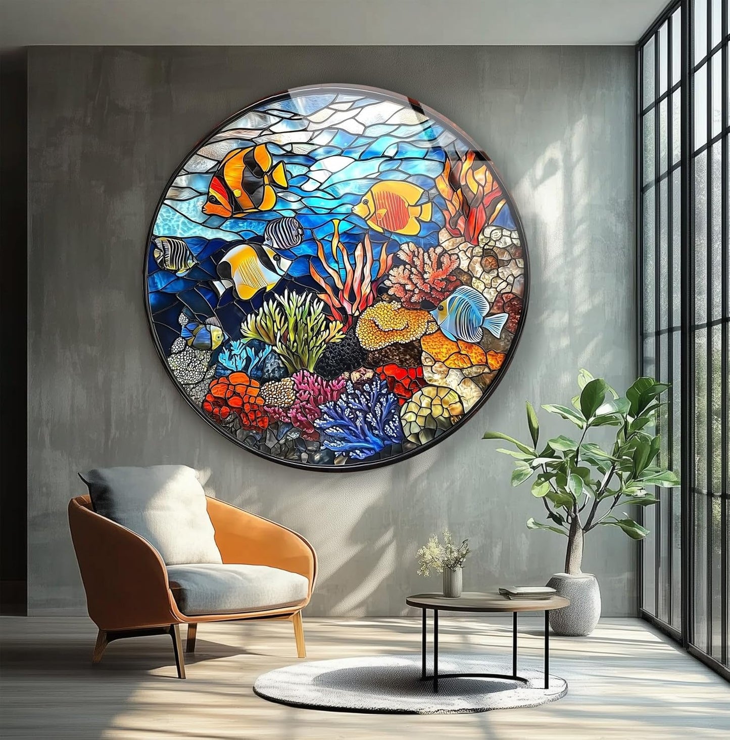 My Photostation.com 31.5''(80cm) Diameter Coral Reef Mosaic Round Glass Wall Art Tempered Glass Printing Wall Decor Large Wall Art Wall Hangings