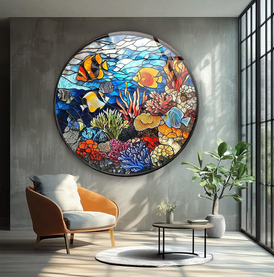 My Photostation.com 39,4''(100cm) Diameter Coral Reef Mosaic Round Glass Wall Art Tempered Glass Printing Wall Decor Large Wall Art Wall Hangings
