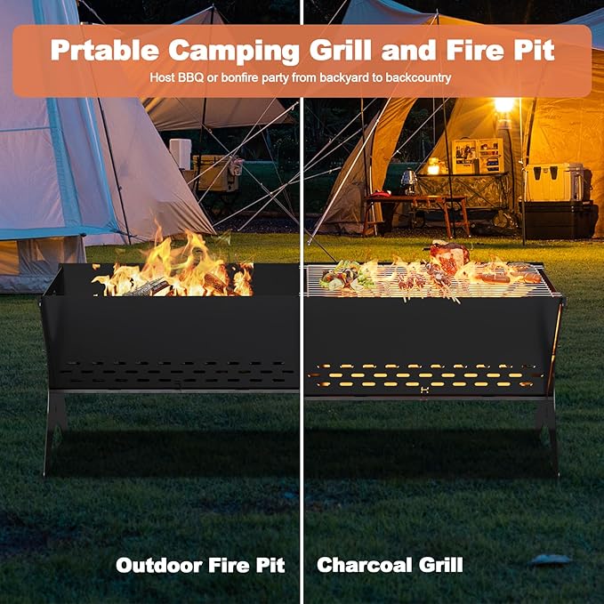 Charcoal Grills 2 Packs | Portable Folding Camping Grills, Backpacking & BBQ Grill, Heavy Duty Firepit Grate Grill with Carry Bag for Outdoor Cooking, Bonfire, Patio, Backyard-31 Inch