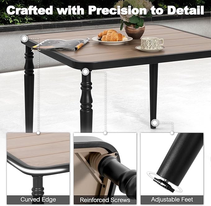 NUU GARDEN 37" Square Outdoor Dining Table, Metal Dining Table with Umbrella Hole, Wood-Grain Tabletop, Weather-Resistant for Garden, Backyard, Deck, Lawn