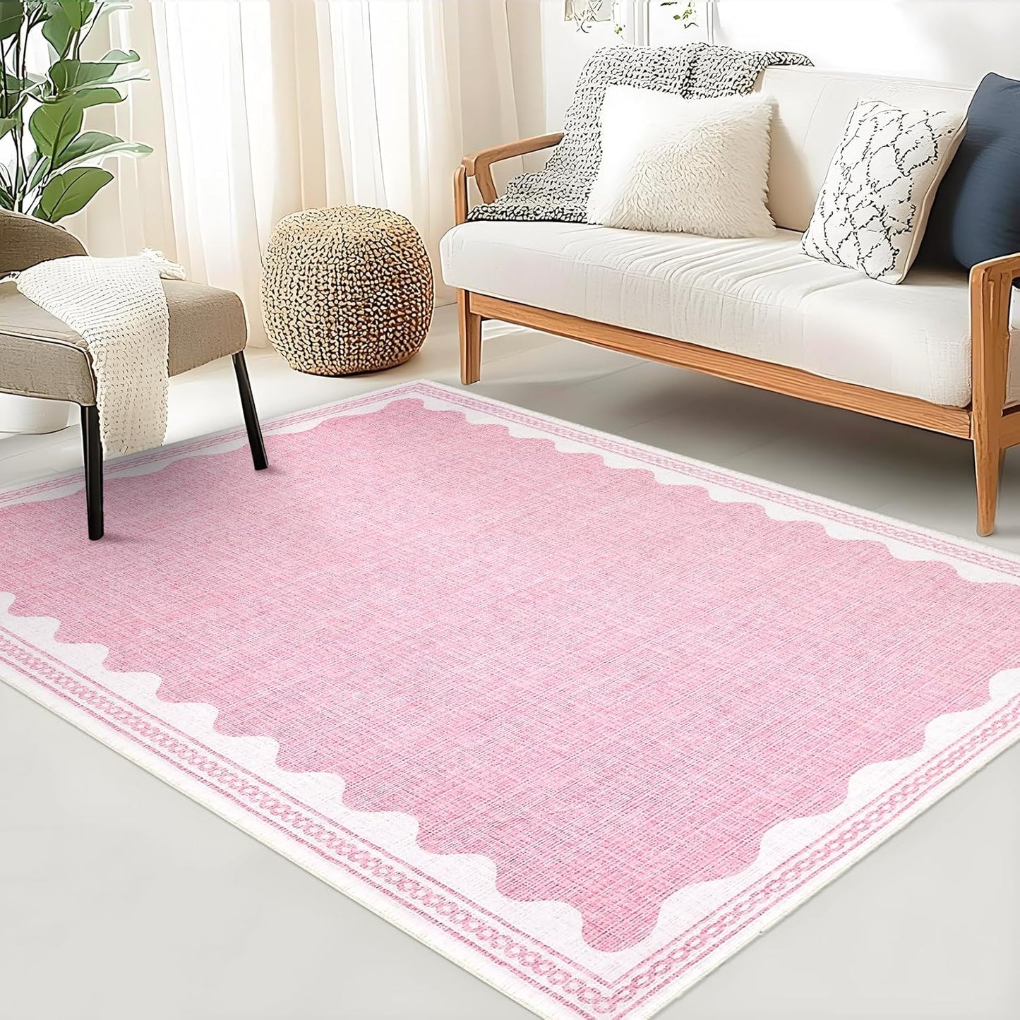 Scalloped 3x5 Rugs for Entryway, Small Area Rug Solid Pink Rug for Bedroom Girls, 3x5 Washable Rugs for Living Room, Non Slip Scalloped Bath Mat, Soft Dorm Nursery Carpet for Bedside
