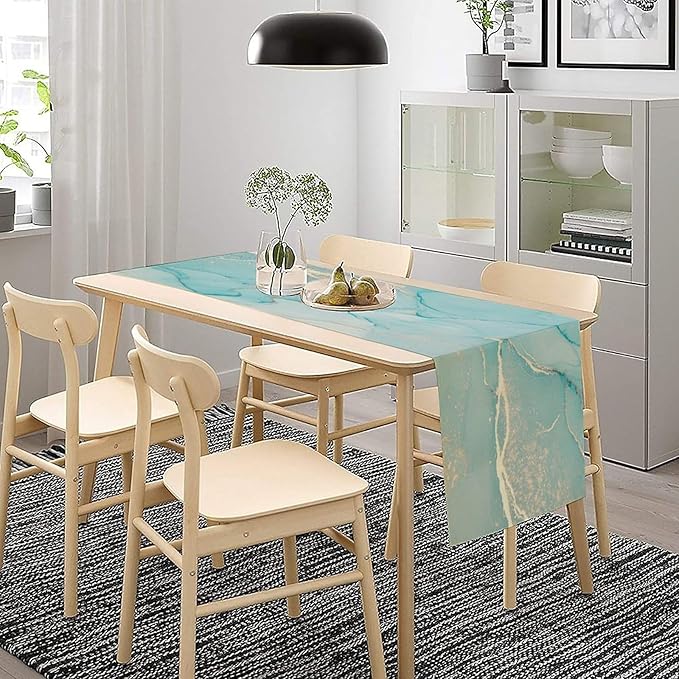 Turquoise Aqua Marble Table Runner, Modern Teal Watercolor Print Table Runner for Coffee Dining Party Wedding Kitchen 13x120in
