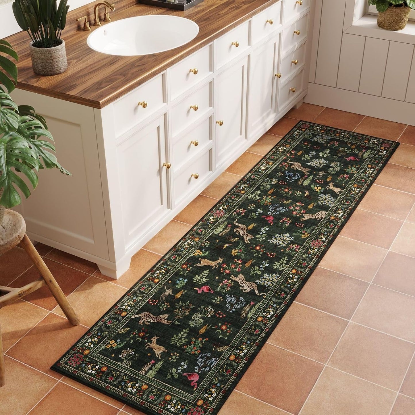 Rugcomf Runner Rug for Kitchen Rug Non Slip 2'6''x8' Washable Rugs with Rubber Backing Soft Floral Animal Carpet Runner for Kitchen, Laundry, Bedroom, Bathroom (Green)