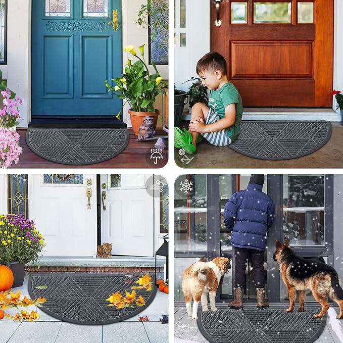 Smiry Half Circle Front Door Mat Outside Entrance, Heavy Duty Sturdy Natural Rubber Doormat, Trap Dirt and Moisture, Low Profile Mats for Indoor Outdoor Entry, Irregular Triangle (36x24, Grey)