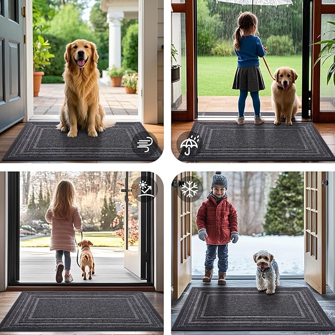 Buganda Front Door Mat Indoor Outdoor Entrance, Non-Slip Natural Rubber Doormats, Easy Clean, Low Profile, Dirt Trapper Entryway Floor Mats for Outside, Garages and Patios, 47x32, Silver Grey