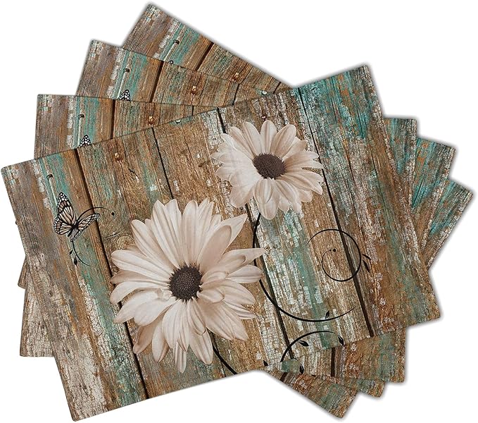 Giwawa Rustic Daisy Board Placemats- White Sunflowers on Vintage Wood Plank Linen Table Place Mat- Farmhouse Wooden Non-Slip Heat Resistant Table Mats for Dining Kitchen Cabin Lodge Decor