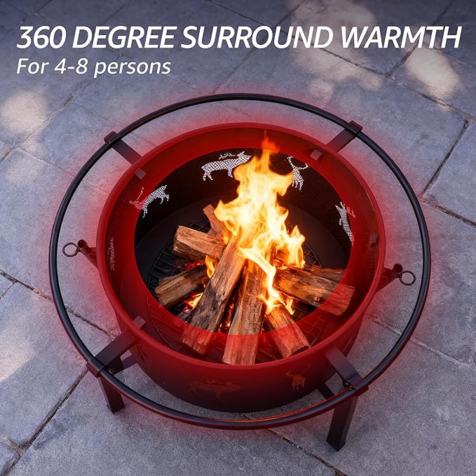 NATURAL EXPRESSIONS 32 Inch Outdoor Fire Pit, Wood Burning Fire Pits with 2 Grills, Poker, Brushes, Ash Pan, Mesh Cover, Waterproof Cover, Charcoal Fire Pit for BBQ, Patio, Bonfire, Heat&Cook