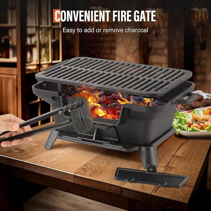Hibachi Grill Outdoor, Portable Mini Charcoal Grill, Pre-Seasoned Cast Iron, Small Japanese Yakitori Tabletop Skillet Grill Stove for Outdoor Camping