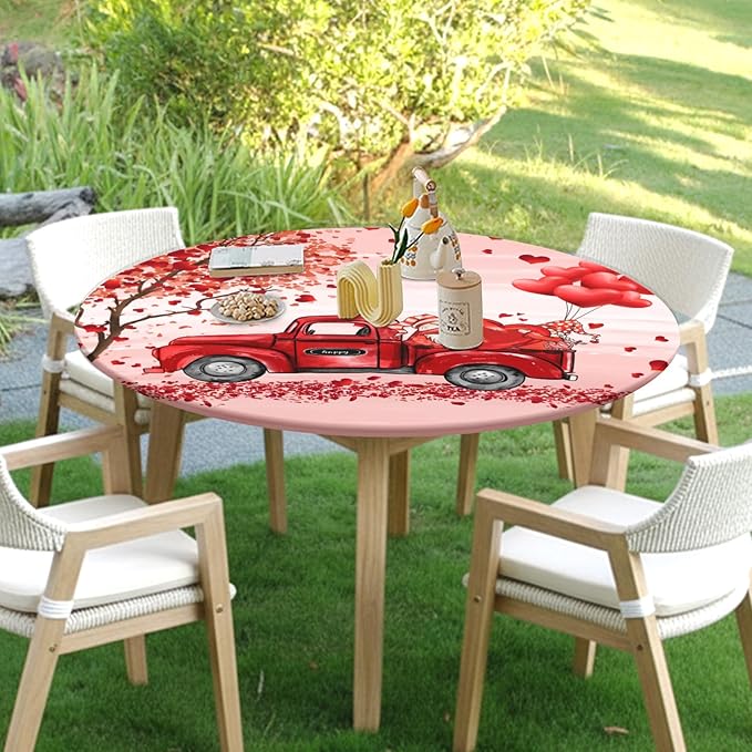 Valentines Day Round Fitted Tablecloth with Elastic Pink Red Heart Circle Table Cloth for 40-44" Round Tables Wipeable Waterproof Washable Gnome Truck Valentine Table Cover for Dining Picnic Party