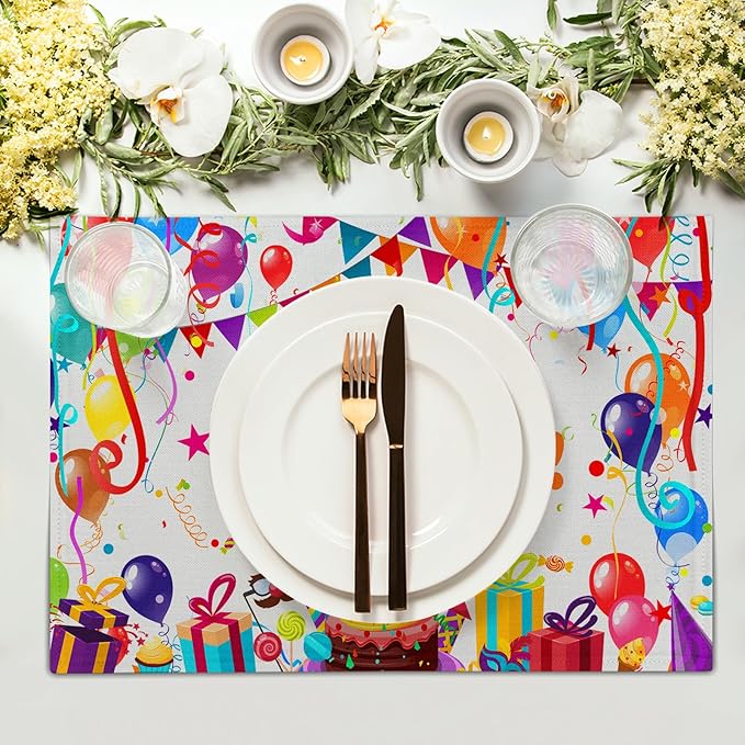 Giwawa Happy Birthday Placemats, Bithday Cake Gifts Decorative Table Mat Set of 4, Colored Flags Balloons Confetti Place Mats 12"x18" for Kitchen Dining Party, Heat Resistant Washable Non-Slip