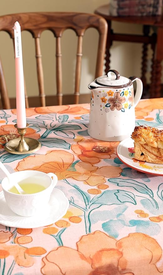 Vintage Linen Long Rectangle Tablecloth,Italian Orange Floral Soft and Wrinkle Resistan Table Cloth,Decor Table Cover for Kitchen,Dining,Thanksgiving,Christmas,63"*102"-Positano