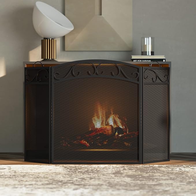 Fire Beauty Fireplace Screen 3 Panel with Handles Wrought Iron 51"(L) x31(H) Spark Guard Cover(Black)