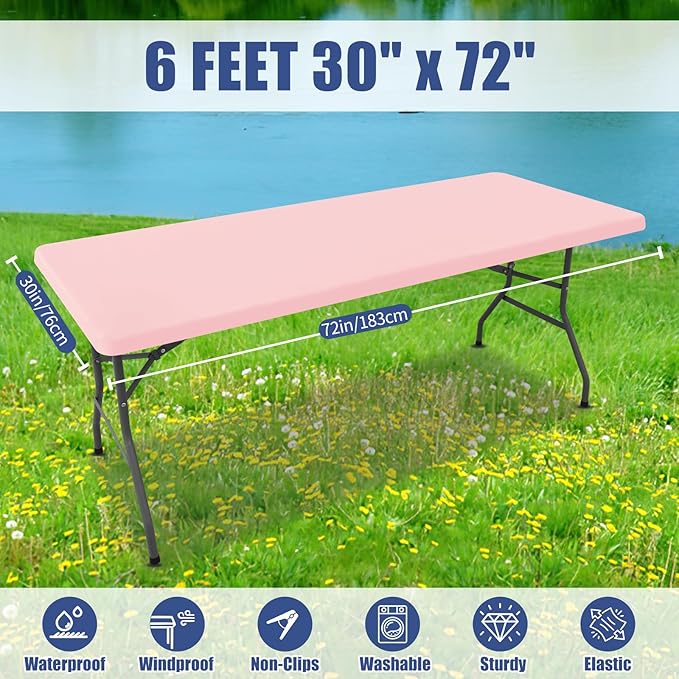 Spandex 6 Foot Rectangle Table Cloth 6 Pack, Elastic Fitted Tablecloths for Picnic, Stretch Washable Patio Table Cover for Outdoor, Camping, Banquet and Parties (Pink, 30"x72")