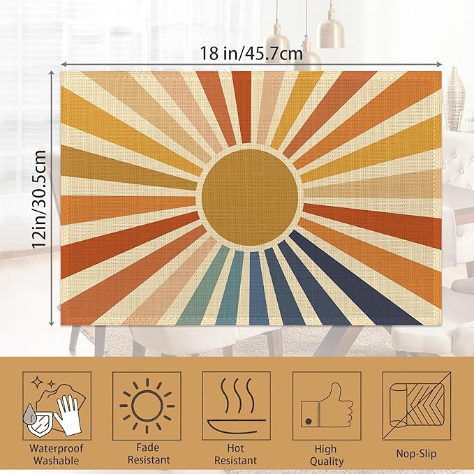 Placemats Set of 6,Vintage Boho Sun Table Mats,Sunrise Sunshine Washable Linen Table Mats,Non-Slip Heat Resistant Placemats for Party Kitchen Dining Indoor Outdoor 12"x18"