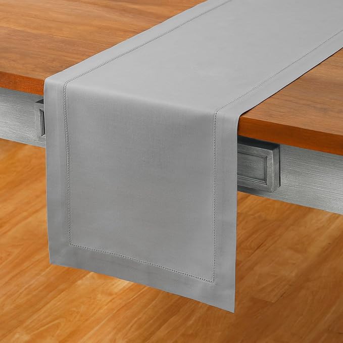 Solino Home Cotton Linen Light Grey Table Runner 132 Inches Long - Hemstitch 14 x 132 Inch Table Runner for Spring, Easter