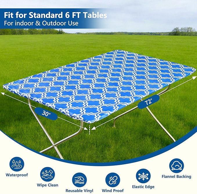Rectangle Picnic Table Cloth, Elastic Waterproof Fitted Vinyl Tablecloths for 6 Foot Tables, Wipeable Flannel Backed Table Covers for Dining, Camping, Outdoor(Blue,30"x72")