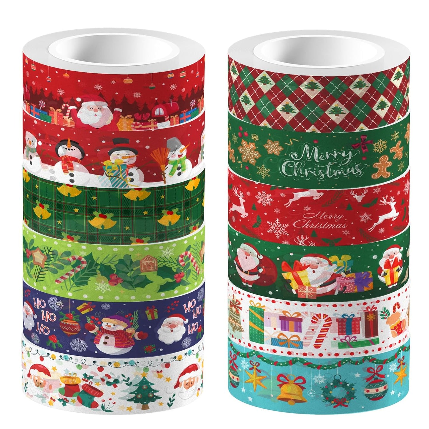 12 Pcs Christmas Washi Tape Merry Christmas Print Masking Tape Christmas Tree Snowman Santa Claus Pattern Decorative Paper Sticker for Christmas Party Holiday Scrapbook Handbook Sticker
