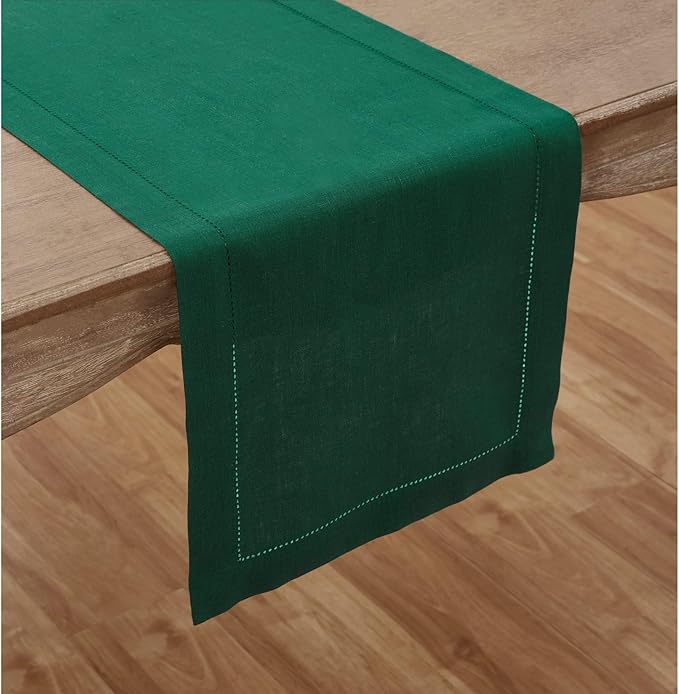 Solino Home Linen Rainforest Green Table Runner 72 Inches Long - 100% Pure Linen Hemstitch Table Runner 14 x 72 Inch for Dresser, Dining, St Patricks Day - Classic Hemstitch