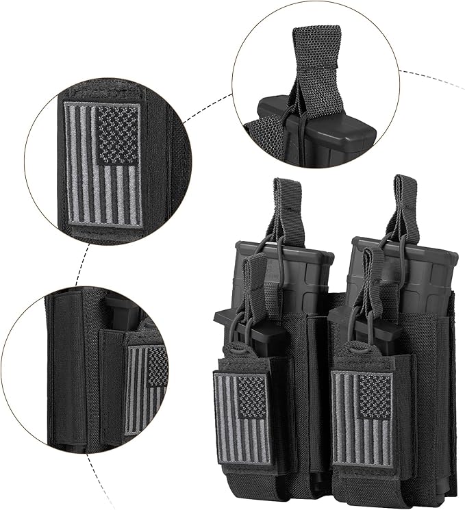 Open-Top Single/Double/Triple Molle Mag Pouch for 5.56mm M4 M16 AK AR Glock M1911 9mm Elastic Rifle Magazines Pistol Mag Pouches Holder Carrier with USA Flag Patch