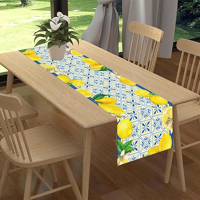 Lemon Table Runner, Blue Tile Yellow Vintage Moroccan Summer Seasonal Fresh Fruits Coffee Cafe Vintage Table Center Decor for Home Kitchen Dining Party Patio Indoor Outdoor, 13"x108" Inch