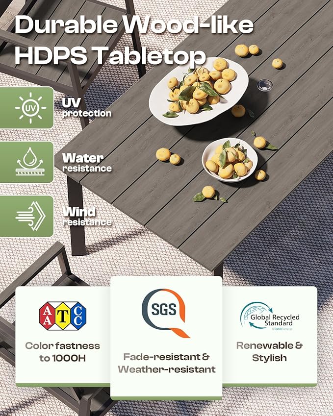 Outdoor Dining Set for 4, Patio Table and Chairs Set with Umbrella Hole, 5 Pieces HDPS + Aluminum Outdoor Furniture Sets for Patio, Garden (Gray & Teak)
