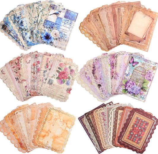 66 Sheets Lace Edged Scrapbook Paper Set, 6 Packs Vintage Decorative Paper Scrapbooking Supplies for Letter Writing Background Stationery Ephemera for Junk Journaling, DIY Art Collage 4.9x6.9 IN