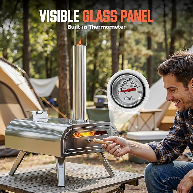 BIG HORN OUTDOORS 16" Woodfire Pizza Stone Oven, 1112°F Outdoor Stainless Pizza Cooker, Portable for Party Usage, Sliver