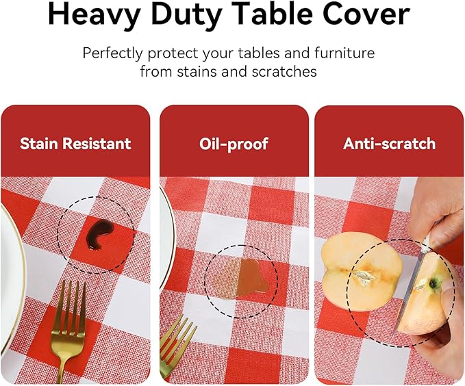 Romanstile Gingham Rectangle Plastic Tablecloth, 100% Waterproof Oil-Proof Checkered PVC Table Cloth, Heavy Duty Vinyl Table Cover for Dining, Camping, Picnic, Outdoor - 54 x 120 Inch, Red and White