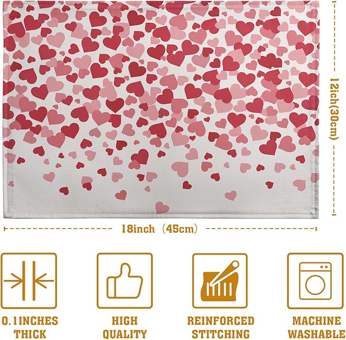 Valentine's Day Pink Love Heart Placemats Set of 4 Valentine Dining Place Mat Heat Resistant Washable Wedding Anniversary Rectangle Table Mat for Outdoor Kitchen Home Party 12x18 Inch