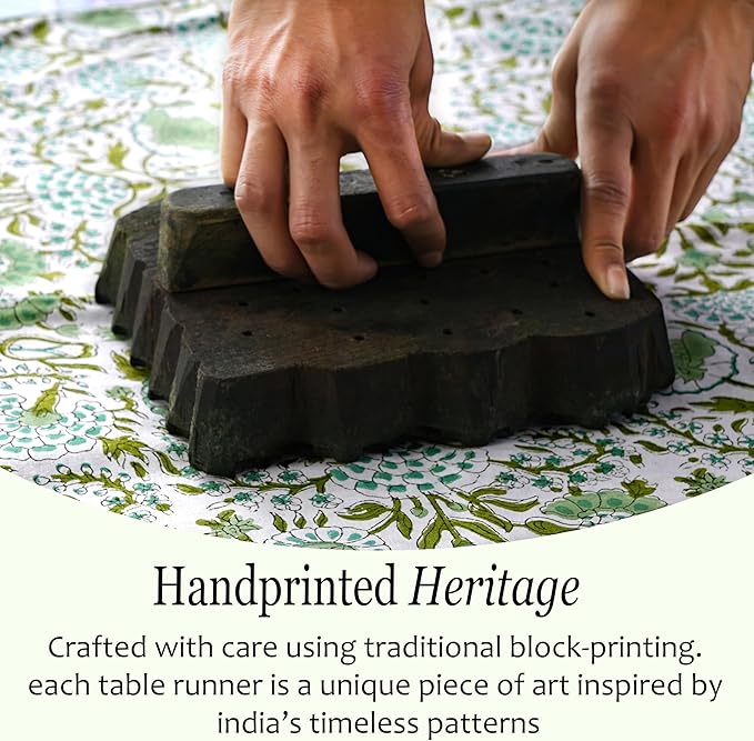 CPC Cotton Table Runner 16x106 inch Block Printed Long Fall Table Runner for Dining Table, Card Table, Coffee Table, Wedding, Farmhouse & Outdoor Barbeque-Agate Green