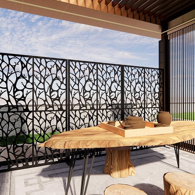 Metal Privacy Screen Room Divider 72" H x 45.3" W, Free Standing Decorative Panel with Bird Design for Indoor Outdoor Use, Black Iron Partition for Patio Balcony Garden (Bird Black)