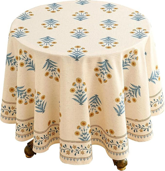 ISAENNE Designer French Pale Yellow Small Round Tablecloth,Linen Floral Table Cloth,Wrinkle Resistant Decor Tablecloths for Dining Thanksgiving Banquet Kitchen Party,Diameter 55"-Estevan A